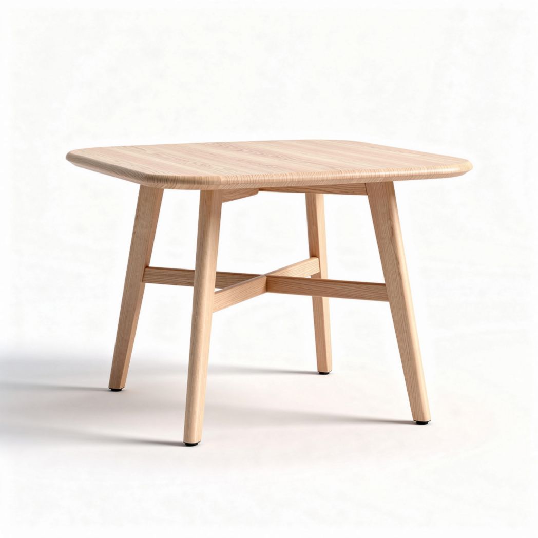 Mesa quadrada de madeira clara com dimensões de 75 x 75 x 75cm