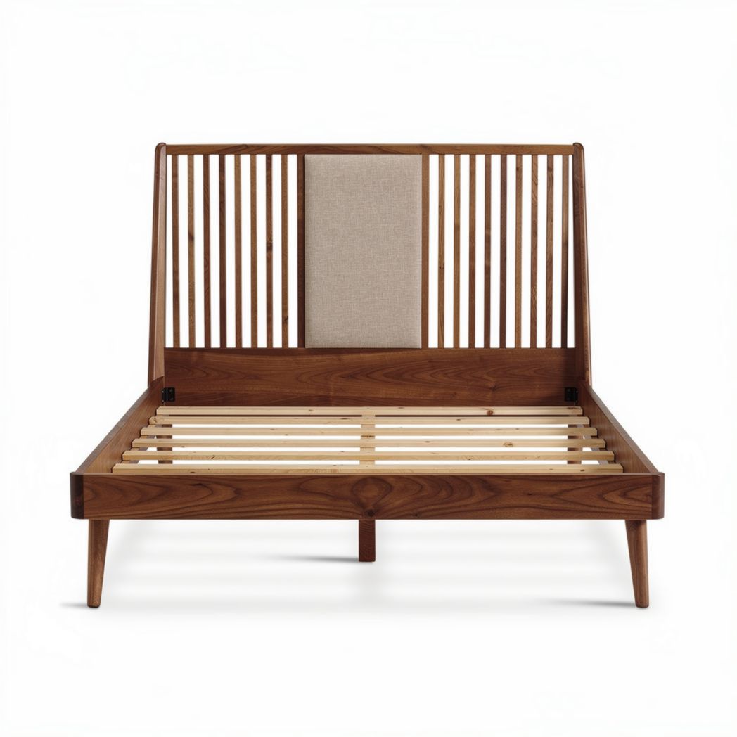 Cama de madeira com cabeceira de ripas e painel de tecido 200 x 160 x 100cm