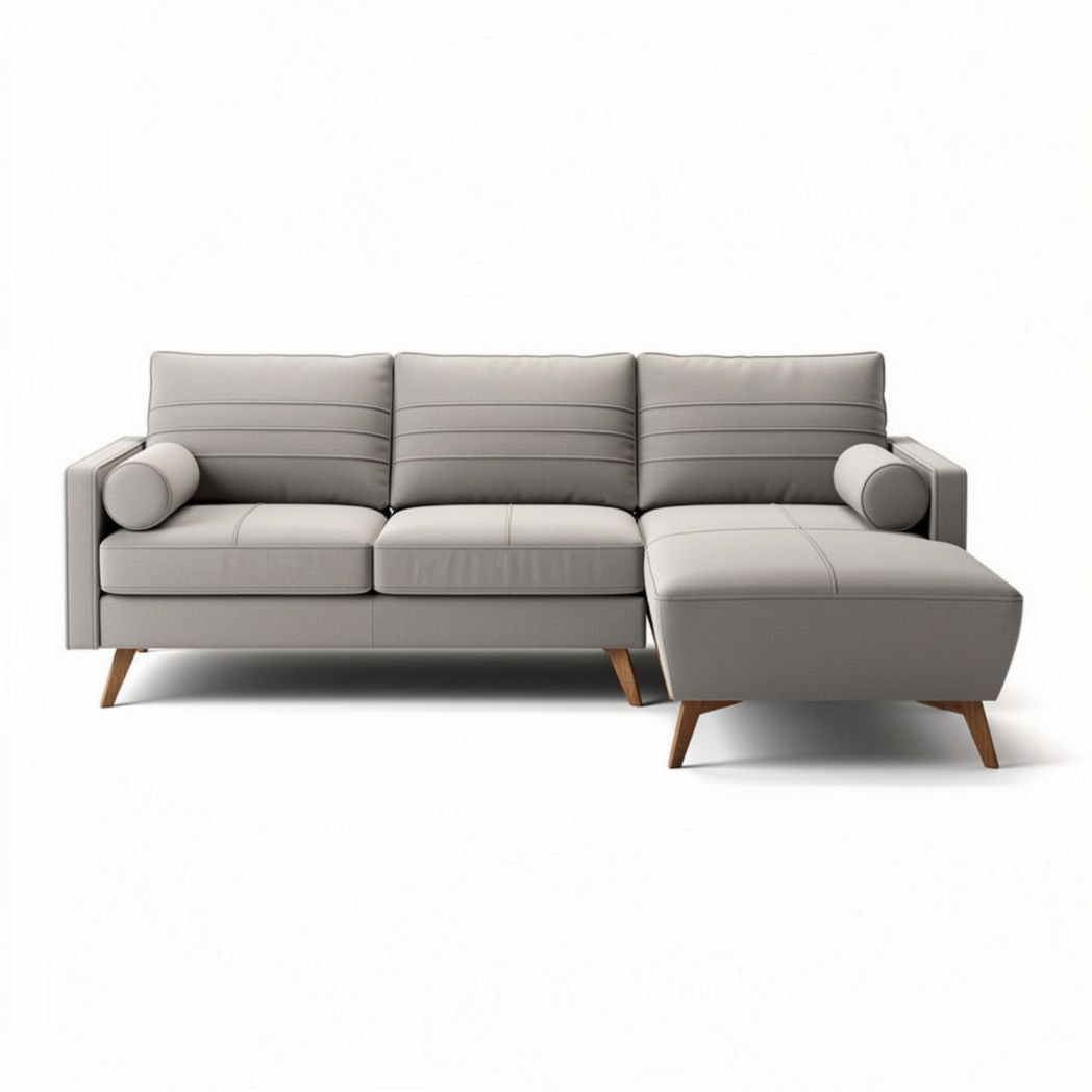 Sofá em tecido cinza com chaise longue e estrutura de madeira 200 x 90 x 85cm