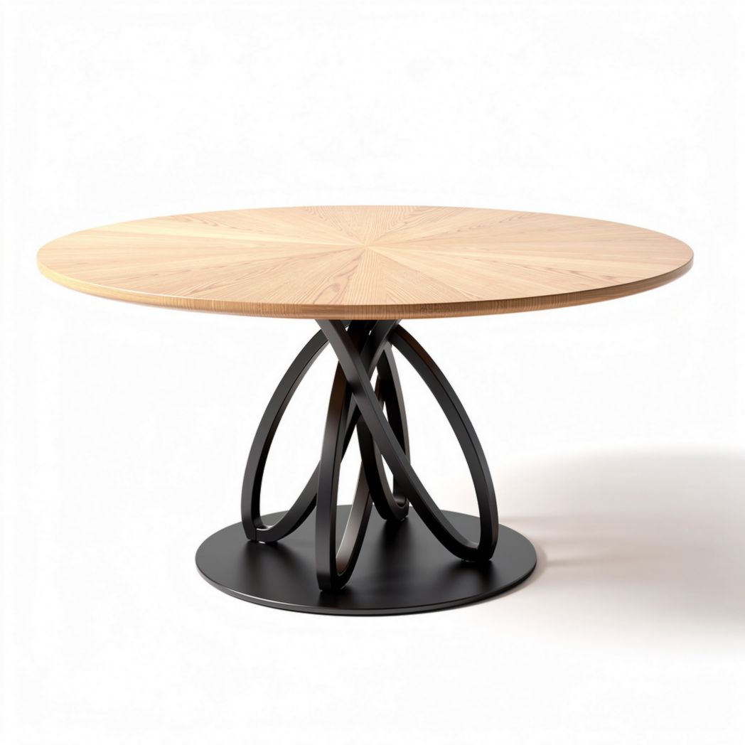 Mesa redonda em madeira de carvalho com base de metal preto 120 x 120 x 75cm